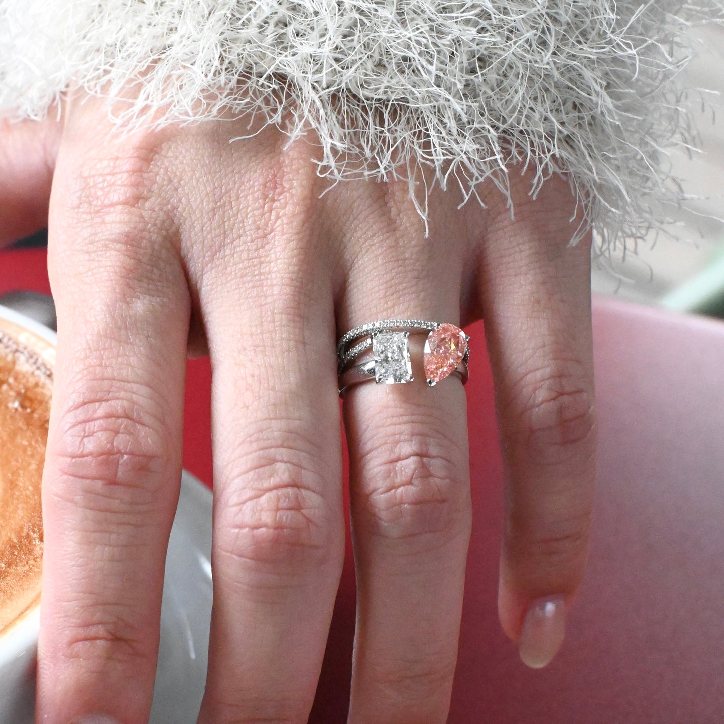 Fancy Vivid Pink Pear & Radiant Diamond Toi et Moi Ring