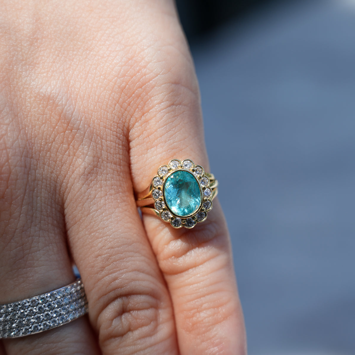 Blue Apatite Ring with Diamonds